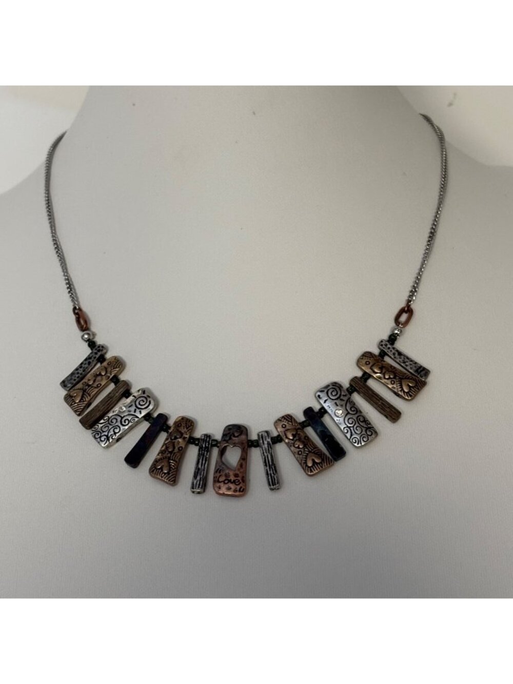 Mixed Metal Textured Bar Necklace Silver Copper Bronze Etched Statement Artisan